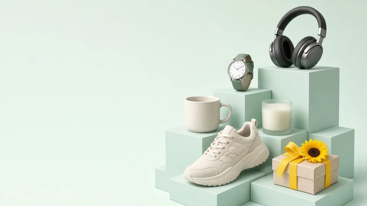 A dive watch, wireless headphones and a wrapped gift arranged on a mint surface