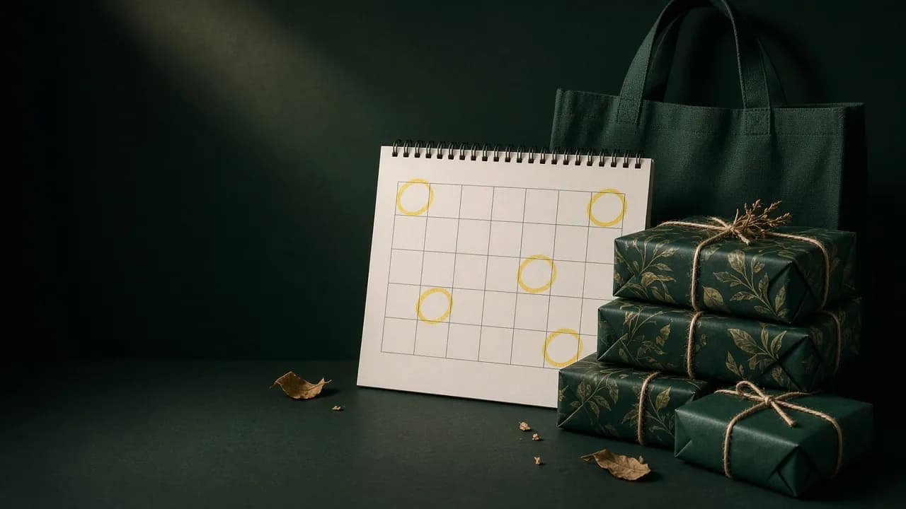 A desk calendar with late November dates circled next to wrapped parcels